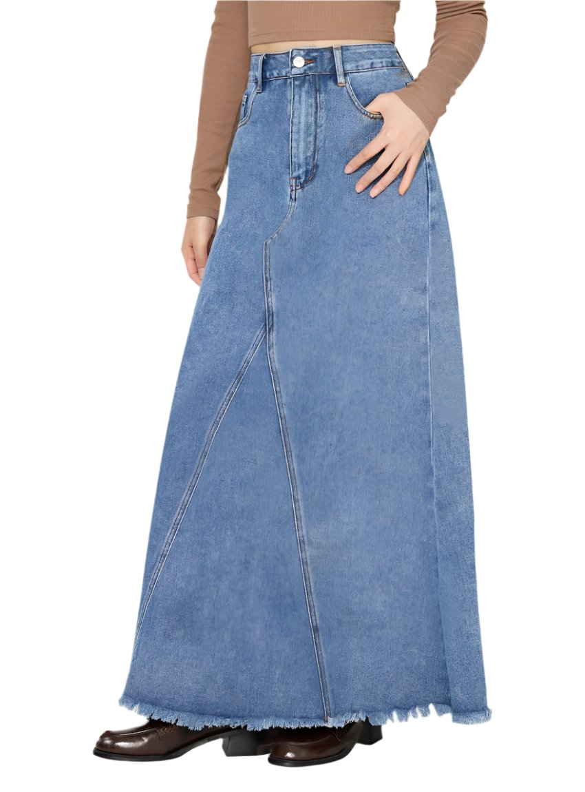 A-line denim maxi skirt with raw hem detail in blue, sizes XS-L.
