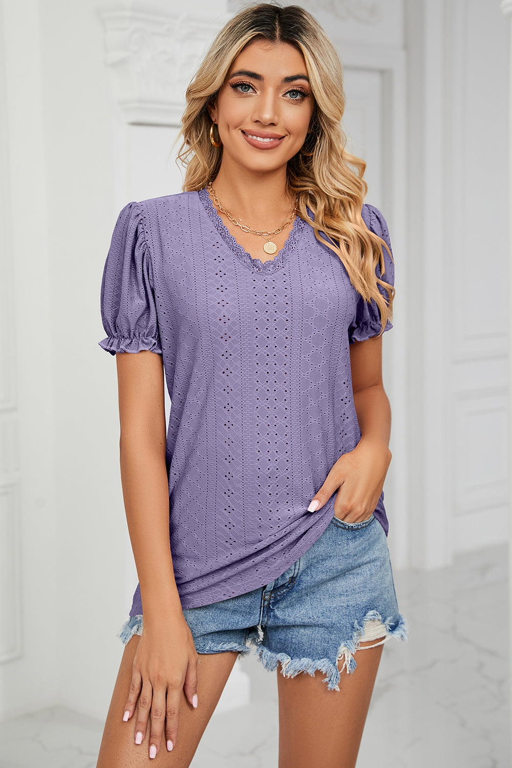 Chic Eyelet V-Neck Top in 6 colors, perfect for any occasion. Lightweight & stylish - your go-to summer essential for day-to-night looks.