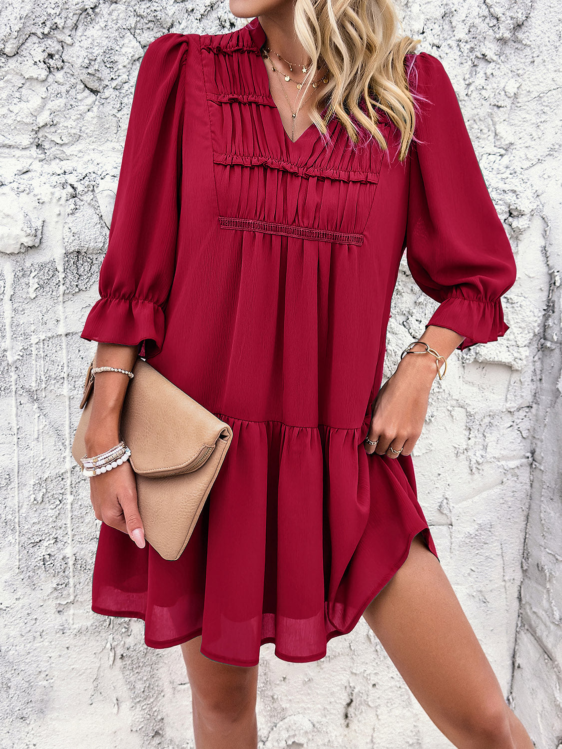 Ruched Flounce Sleeve Dress