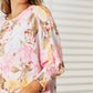 Floral Round Neck Three-Quarter Smocked Sleeve Top