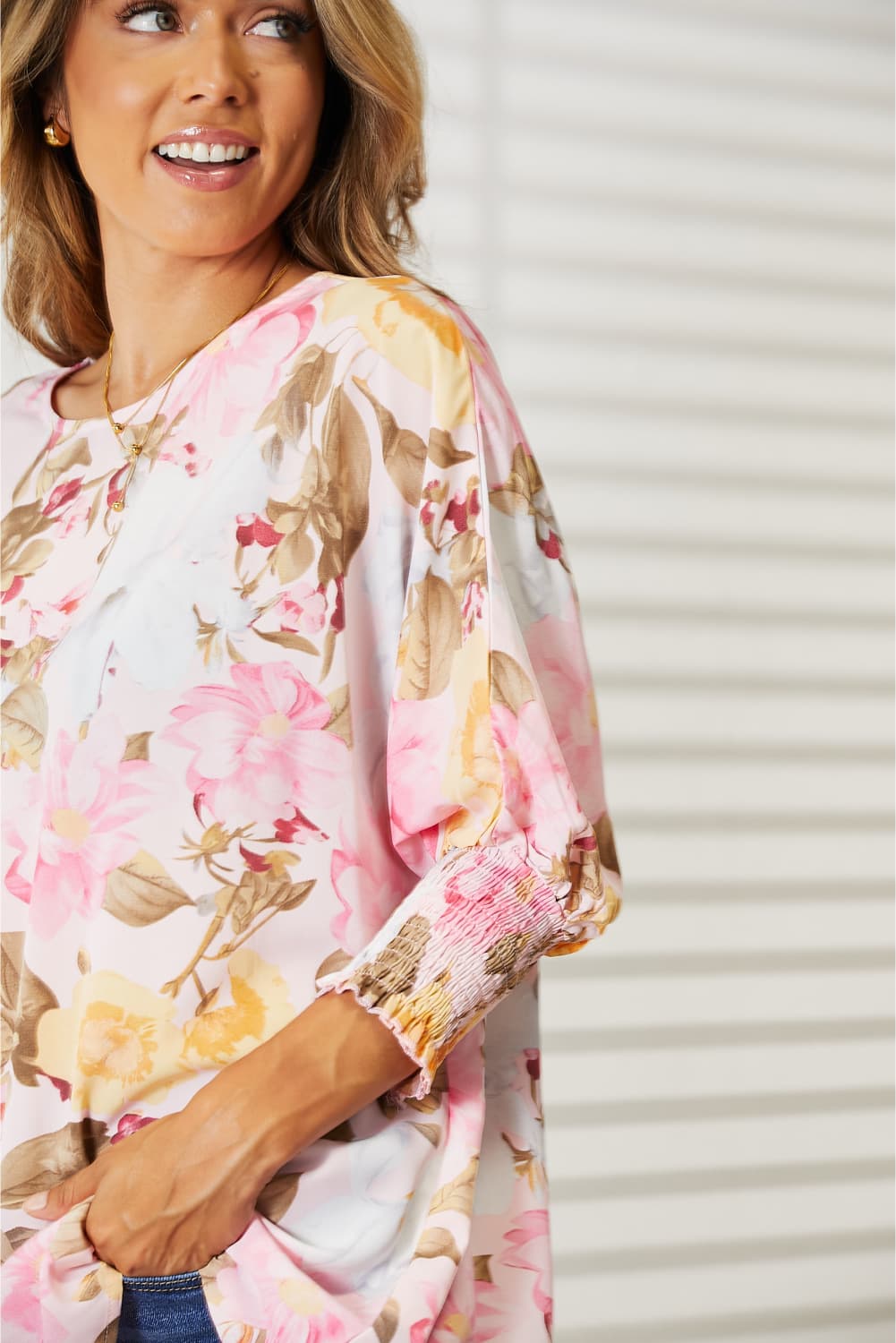 Floral Round Neck Three-Quarter Smocked Sleeve Top