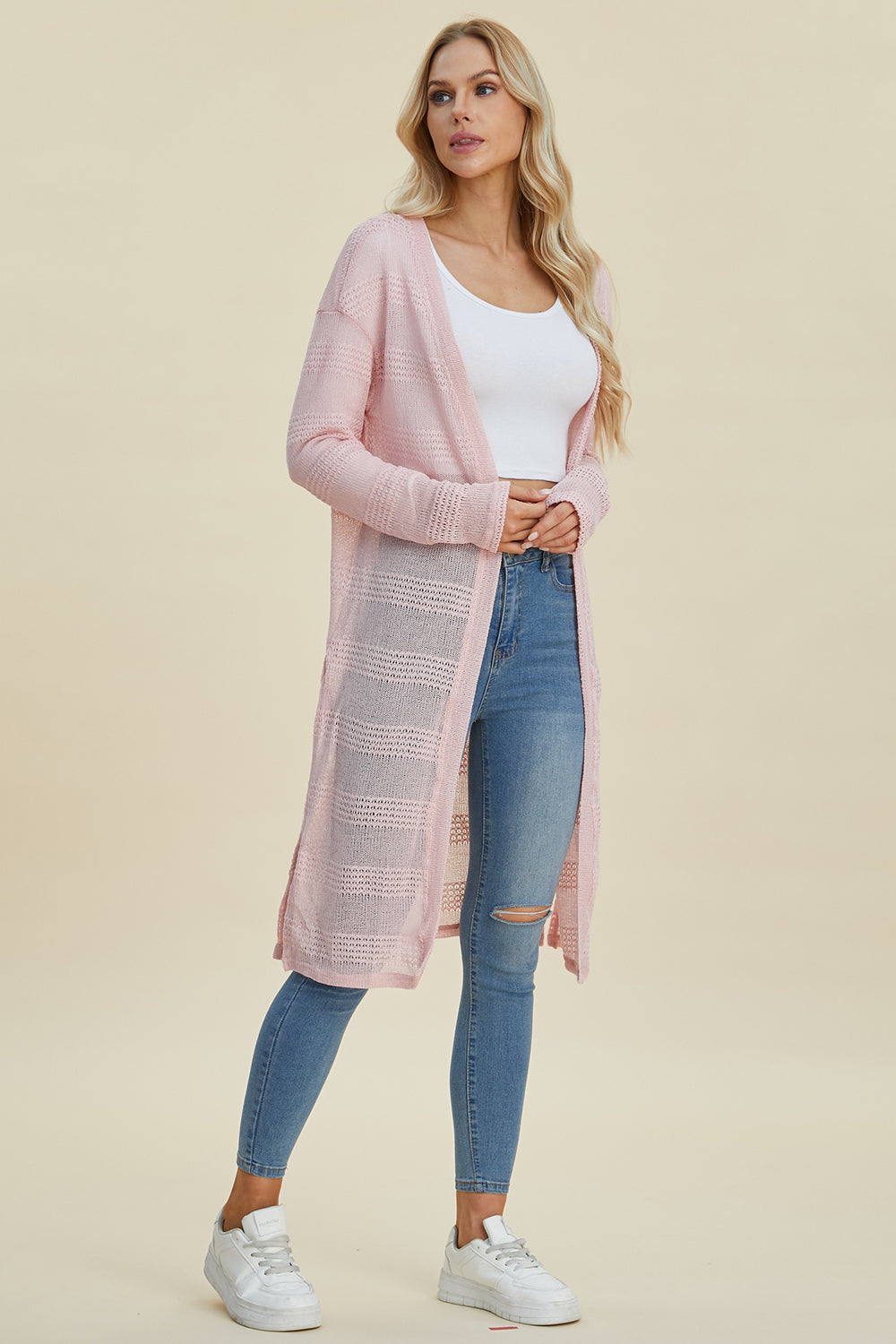 Elegant Pink Knit Longline Cardigan for Women