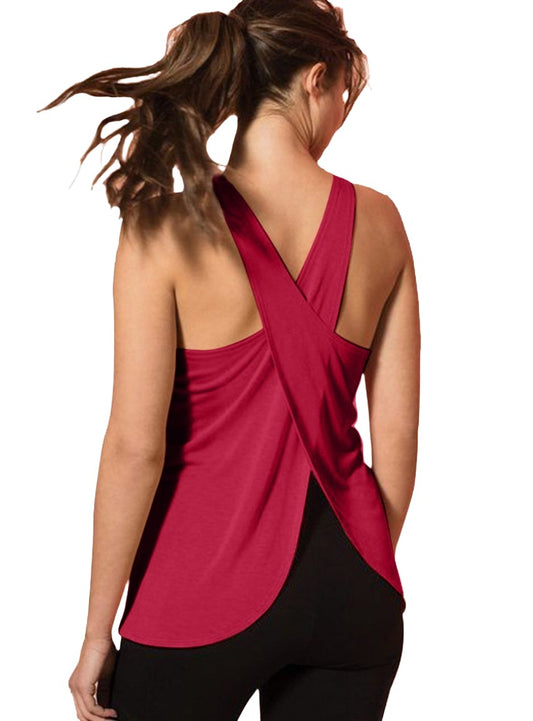 Red Crisscross Scoop Neck Active Tank Top with eye-catching cross-back style.