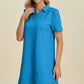 Blue textured dress with short sleeves and collar