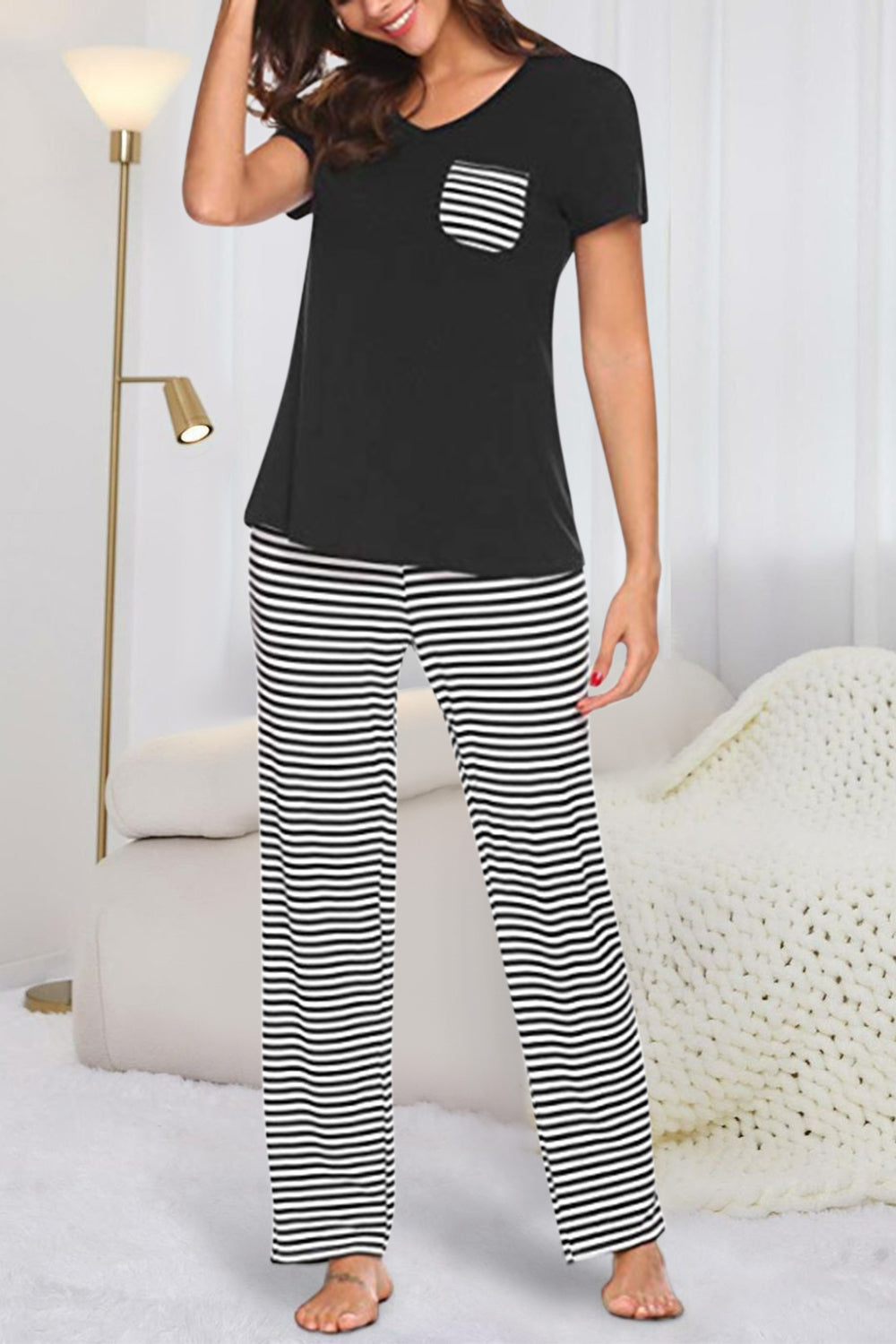 Chic Pocketed Top & Striped Pants Lounge Set for stylish comfort at home or on-the-go. Perfect blend of fashion & ease.