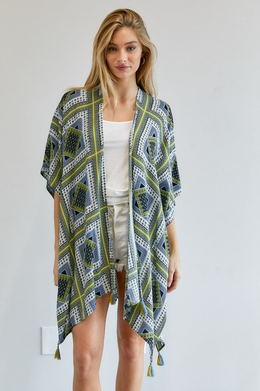 Blue and green patterned kimono with intricate geometric designs
