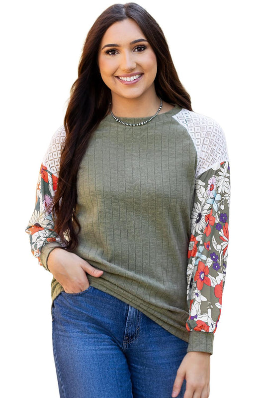 Laurel Green Floral Patchwork Ribbed Blouse