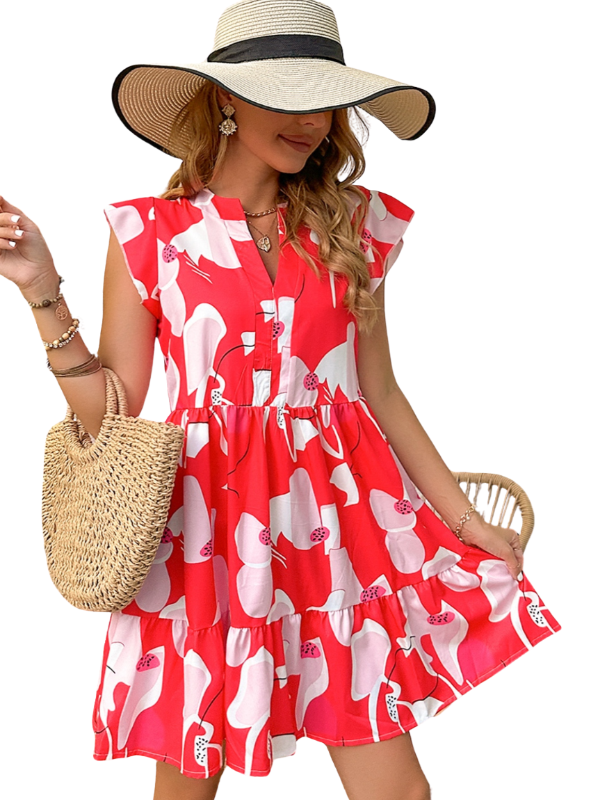 Chic red & white printed dress with a flattering notched neckline, perfect for summer days & casual outings. Shop now for breezy elegance!