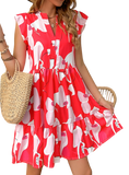 Chic red & white printed dress with a flattering notched neckline, perfect for summer days & casual outings. Shop now for breezy elegance!