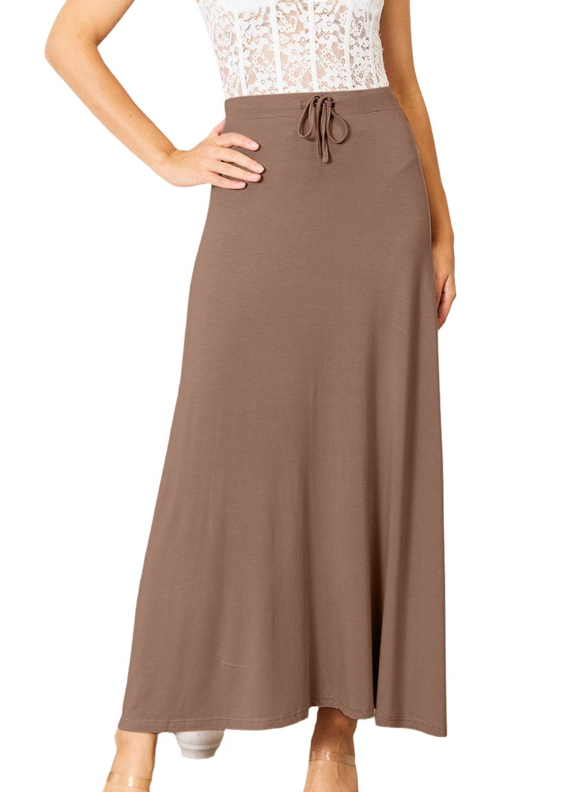 Comfortable brown maxi skirt featuring an adjustable drawstring waist.