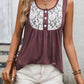 Elegant wine-colored tank top with lace detailing and button front.