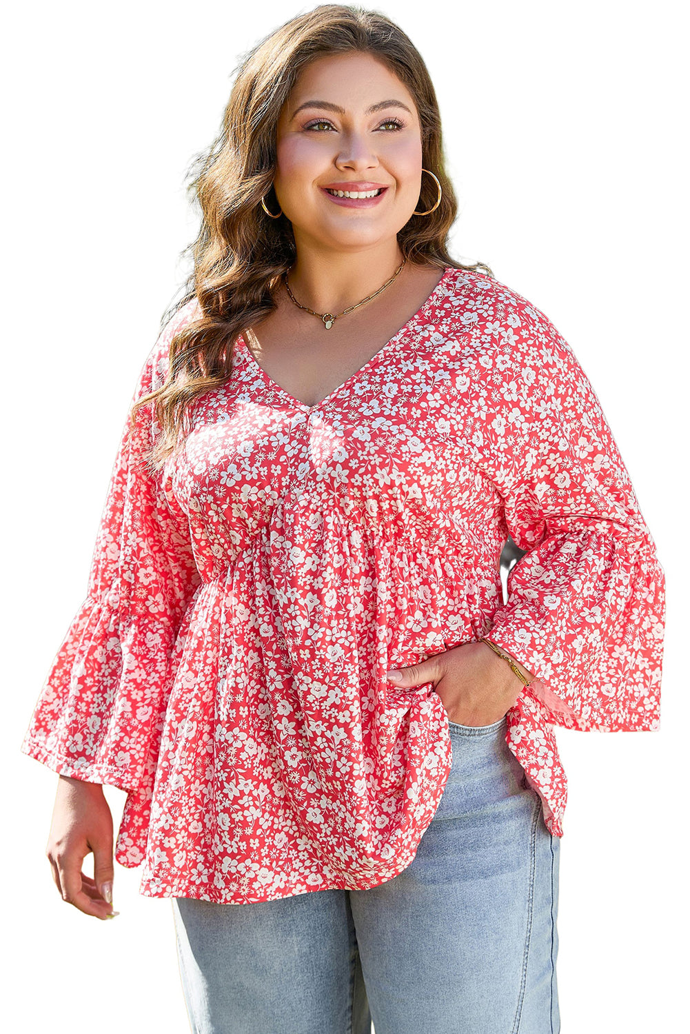 Plus Size Floral V-Neck Blouse – Flowy Flared Sleeve