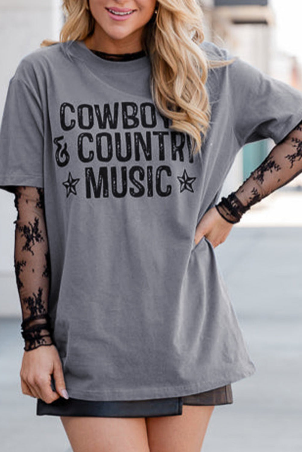 Relaxed fit gray shirt with "Cowboy & Country Music" bold graphic