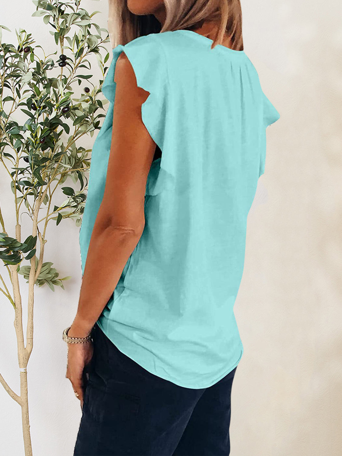 Chic Ruffled Notched Cap Sleeve T-Shirt in white, pink, sage & blue. Perfect blend of comfort & style for every occasion. Shop now!