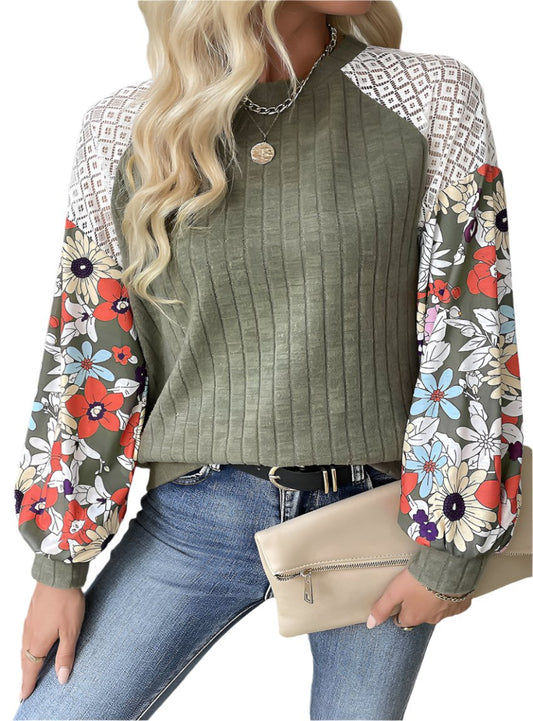 Laurel Green Floral Patchwork Ribbed Blouse