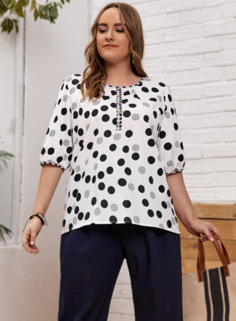 Classic design black and white polka dot half sleeve blouse