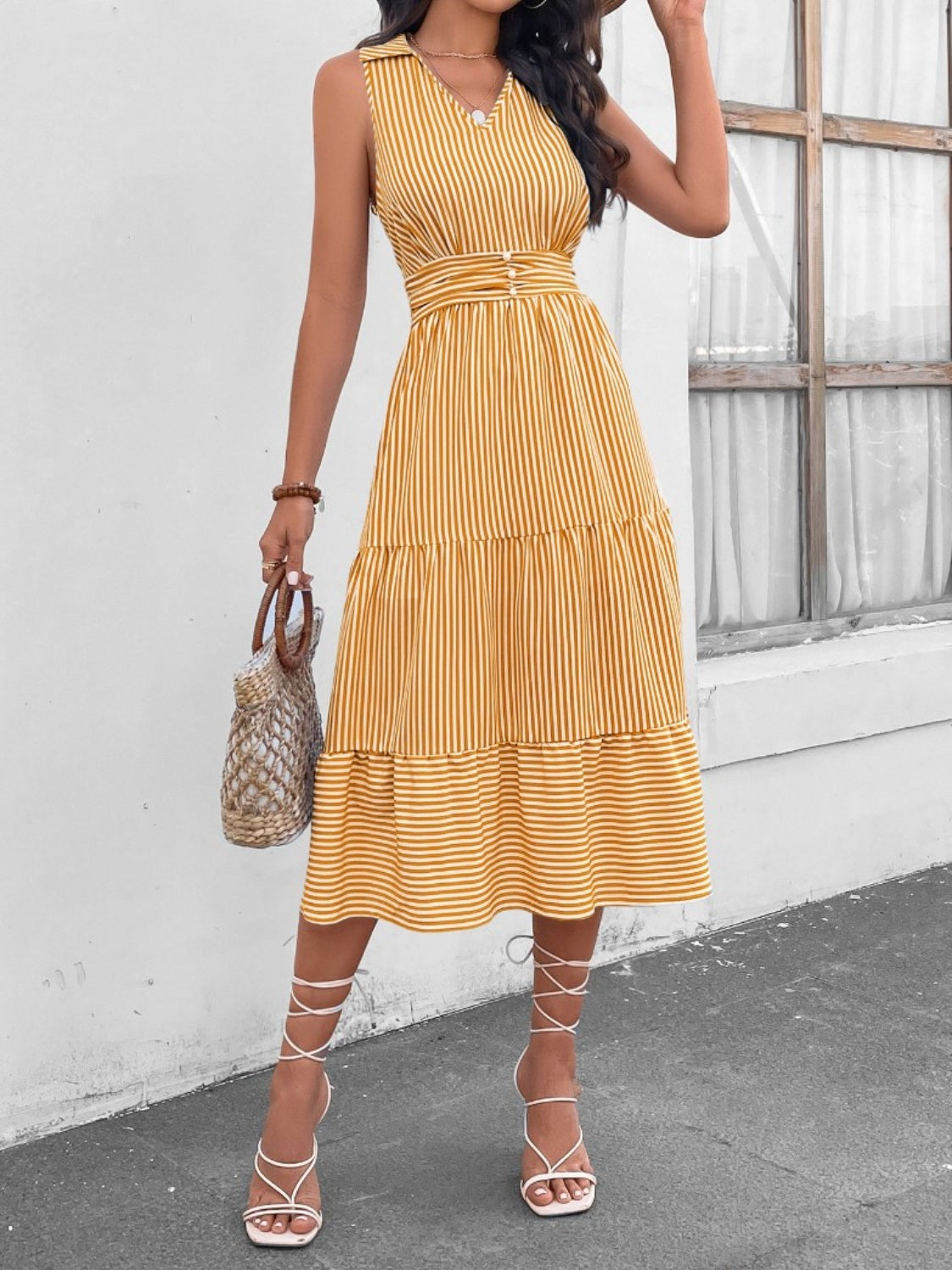 Chic striped midi dress with Johnny collar and waist cinching. Versatile, with pockets and available in 7 colors. Perfect for any occasion.