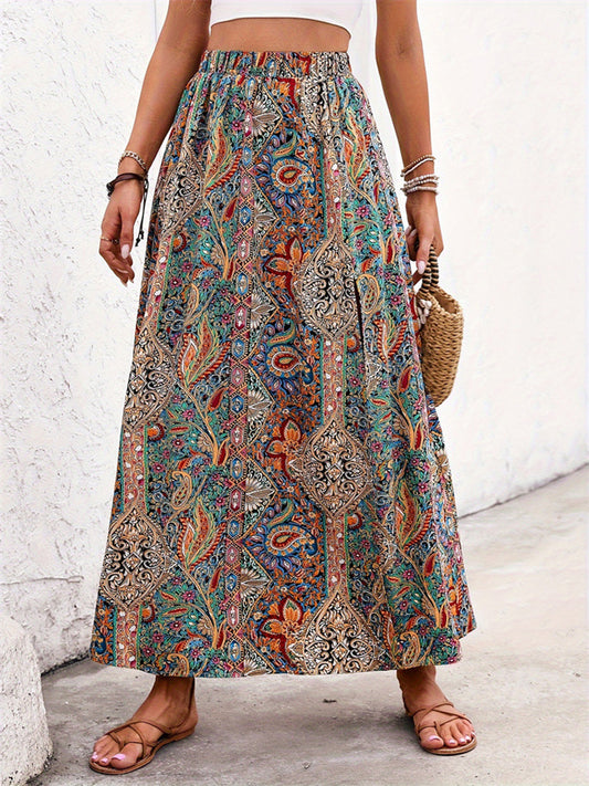 Vibrant paisley print maxi skirt with an elastic waistband.