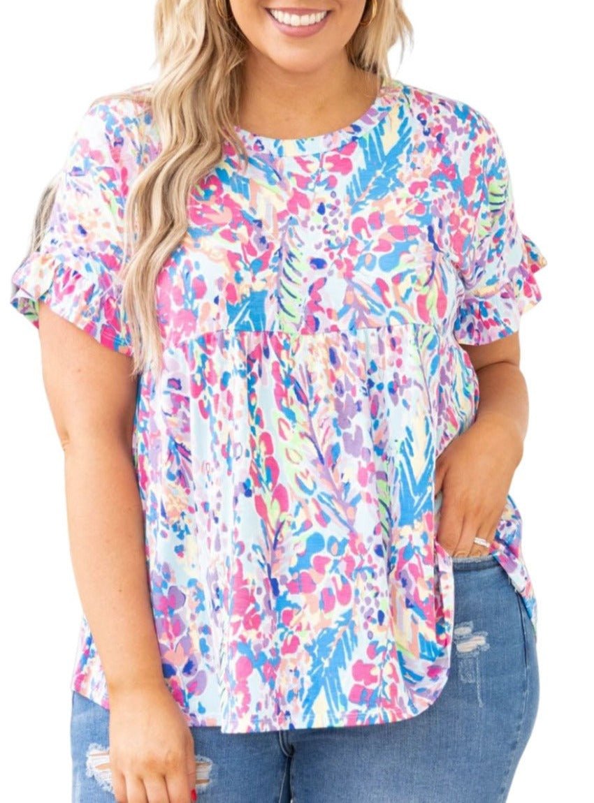 Abstract Print Frill Short Sleeve Plus Size Top - Whimsical Appalachian Boutique