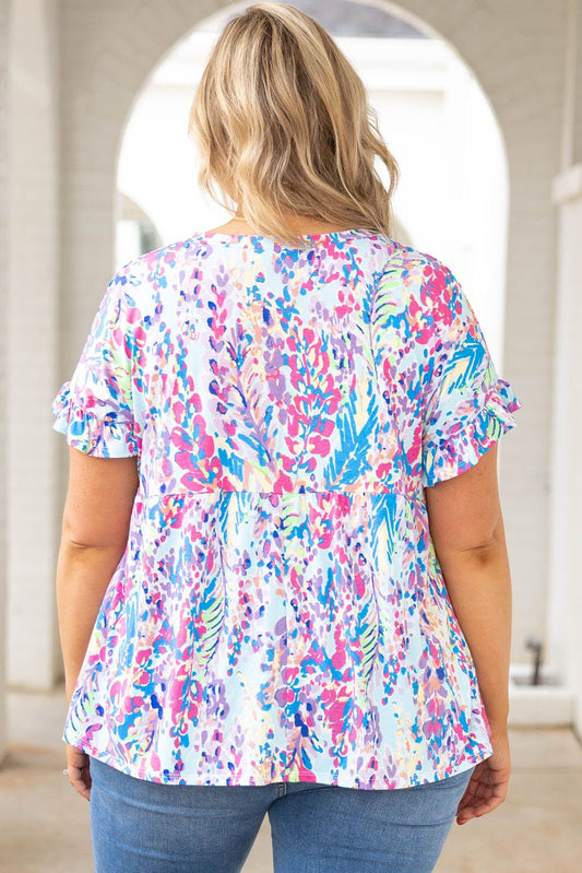 Abstract Print Frill Short Sleeve Plus Size Top - Whimsical Appalachian Boutique