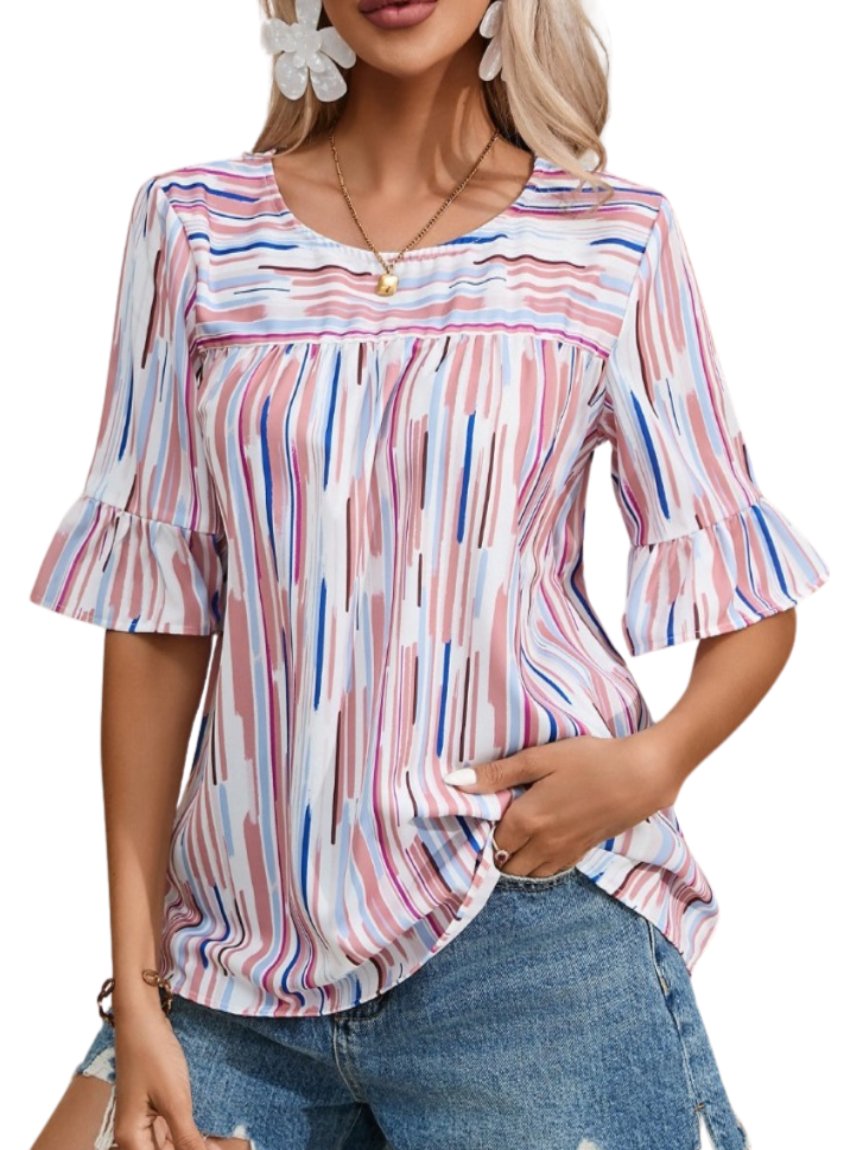 Abstract Printed Round Neck Flounce Sleeve Blouse - Whimsical Appalachian Boutique
