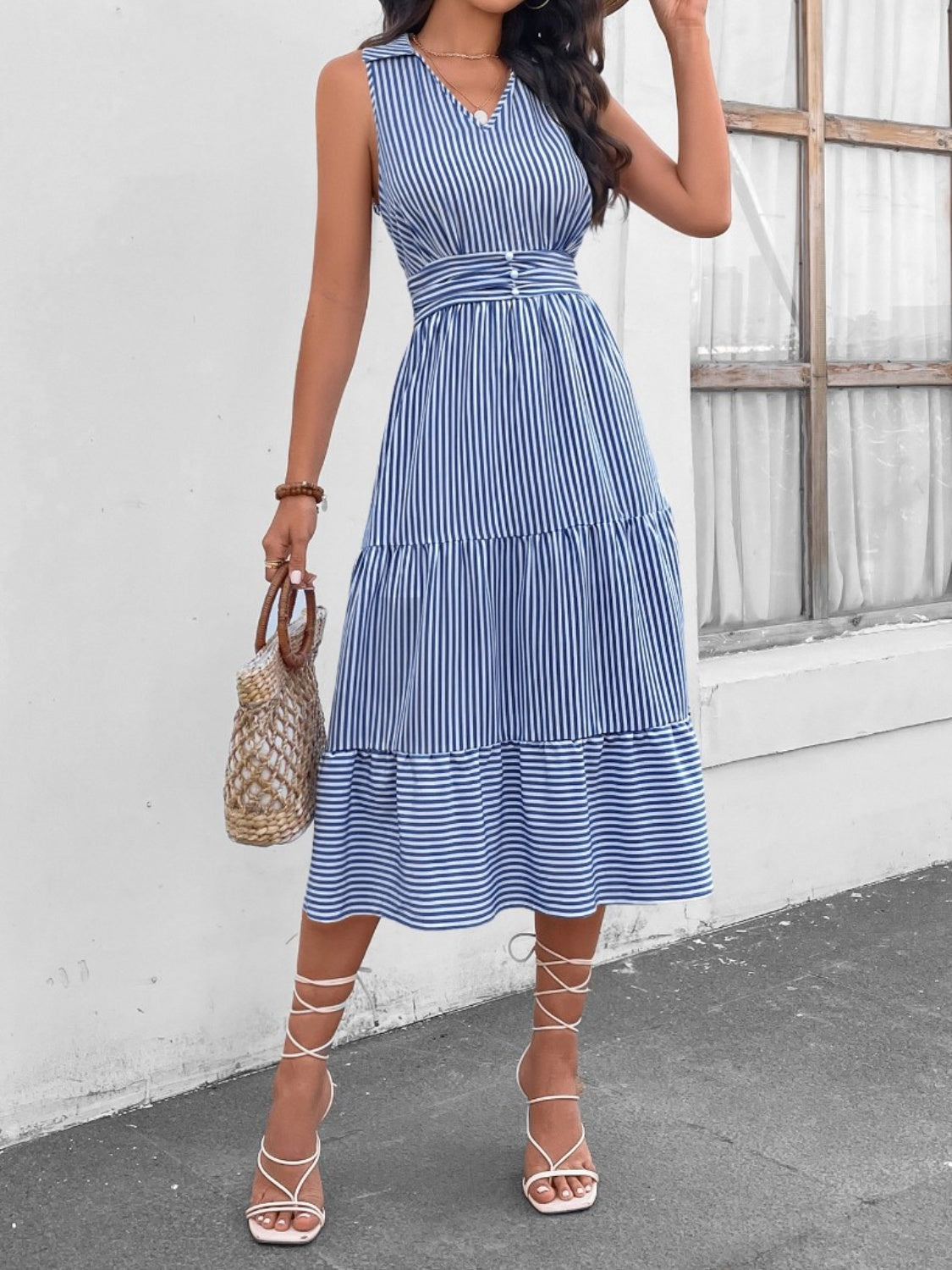 Chic striped midi dress with Johnny collar and waist cinching. Versatile, with pockets and available in 7 colors. Perfect for any occasion.