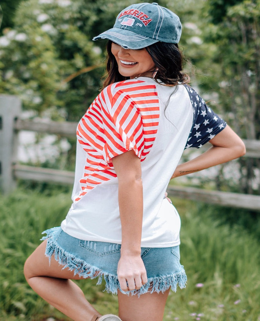 Shop the Stars & Stripes V-Neck Tee to flaunt your patriotic style! Comfortable, versatile, and perfect for any casual occasion