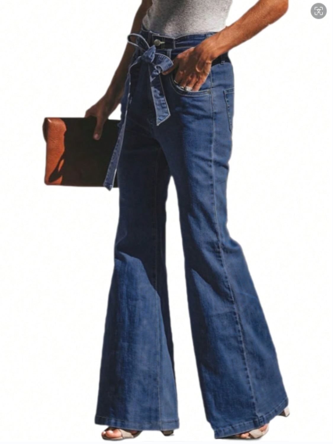 High-rise wide-leg jeans with adjustable tie belt for a unique style.
