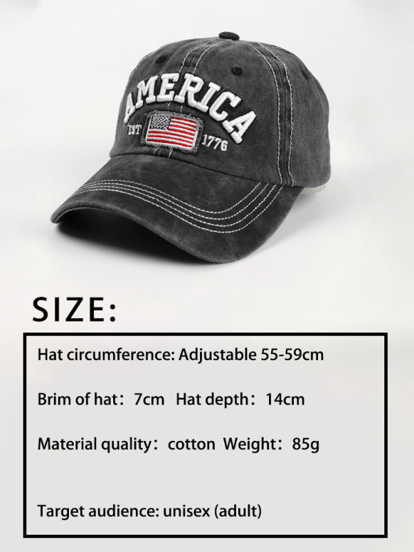 Adjustable black denim hat with an embroidered American flag design.
