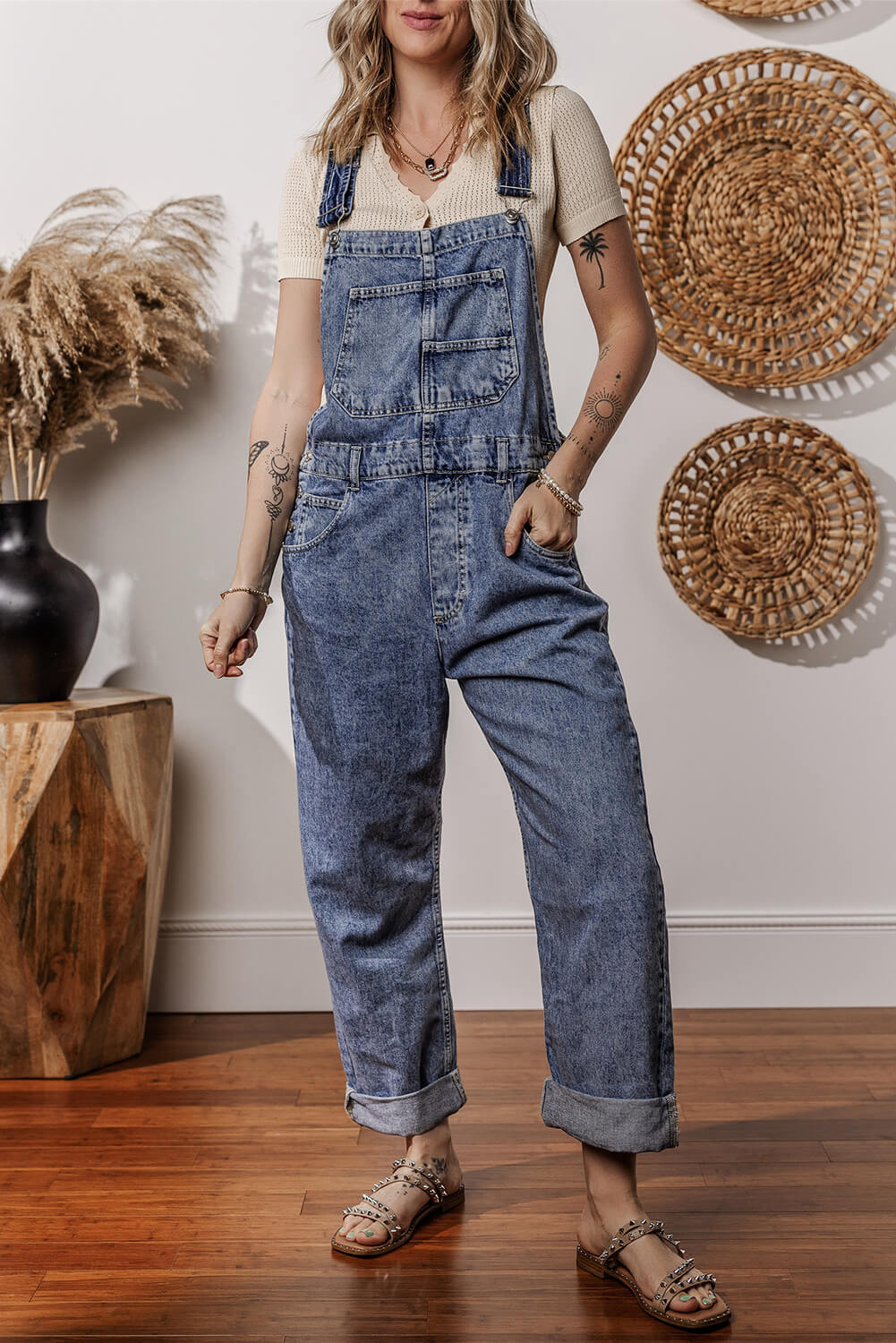 Adjustable denim bib overalls for women
