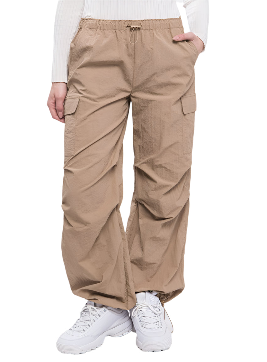 Khaki cargo pants featuring functional side pockets for convenience.
