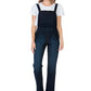 Front view of women’s adjustable strap denim overalls in dark wash.
