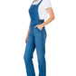 Front view of women’s adjustable strap denim overalls in medium wash.
