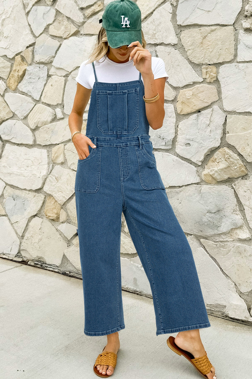 Adjustable tie strap cropped overalls in denim
