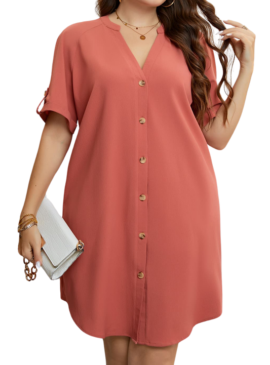 Button Front Plus Size Shift Dress in Coral