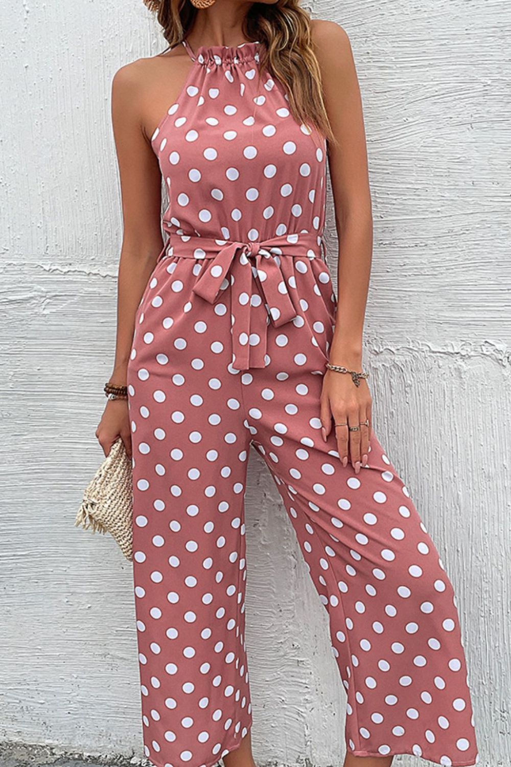 Elegant Polka Dot Grecian Jumpsuit in pink, navy, or red. Perfect for a sleek look with comfort and versatility for any occasion