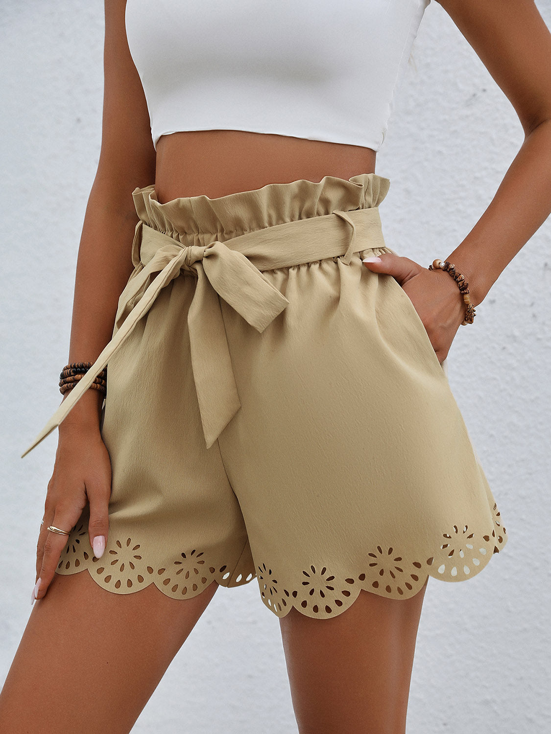 Elevate your style with our chic Tie Belt Paperbag Waist Shorts, perfect for any occasion. Available in black and khaki. Shop now!