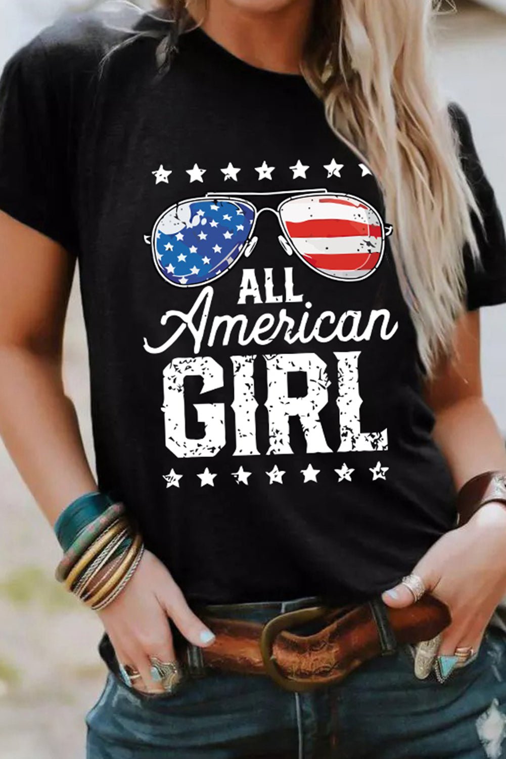 All American Stars and Stripes Patriotic Slogan Women’s T-Shirt - Whimsical Appalachian Boutique