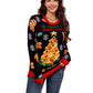 Woman wearing All I Want for Christmas Food sweater with holiday treats design.
