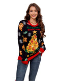 Woman wearing All I Want for Christmas Food sweater with holiday treats design.
