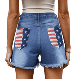 Step into the bold US Flag Distressed Denim Shorts, a perfect blend of patriotic flair and trendy style for any casual occasion.