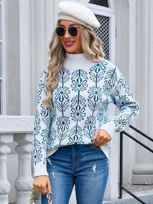 Blue Angel Wings sweater featuring floral pattern and turtleneck