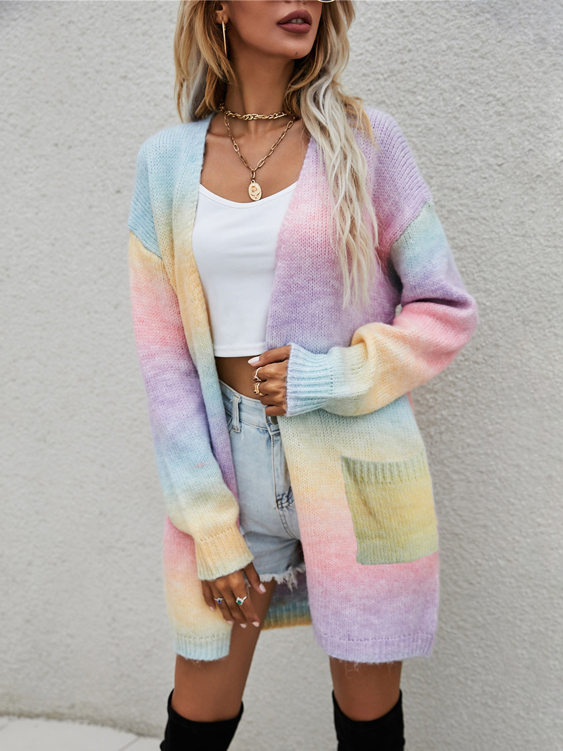 Relaxed fit of blush pink gradient cardigan in pastel hues
