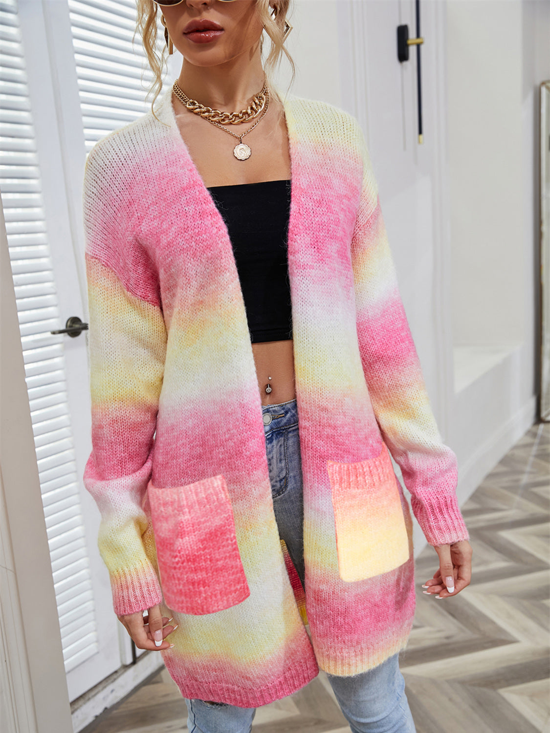 Open-front style of pink gradient cardigan for layering
