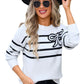 Woman wearing black Angel Wings striped round neck sweater with bow design
