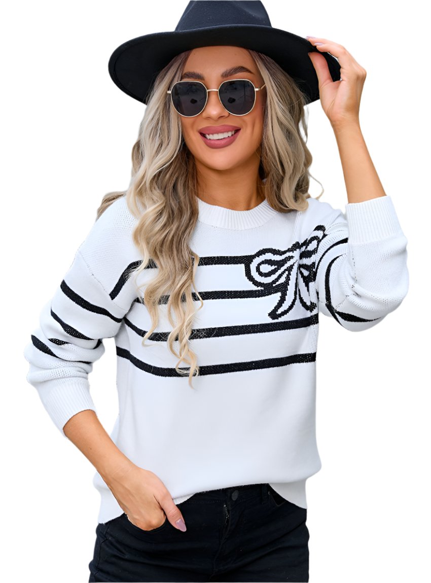 Woman wearing black Angel Wings striped round neck sweater with bow design
