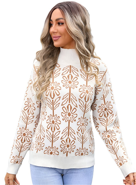 Woman wearing tan Angel Wings turtleneck sweater with floral design