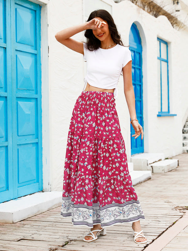 Ankle-length red boho skirt styled for casual spring and summer looks.






