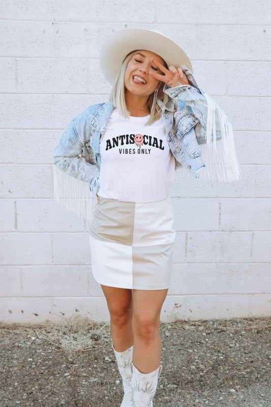 White "Antisocial Vibes Only" graphic t-shirt with playful design