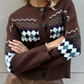 Detailed view of brown argyle knit pattern cardigan
